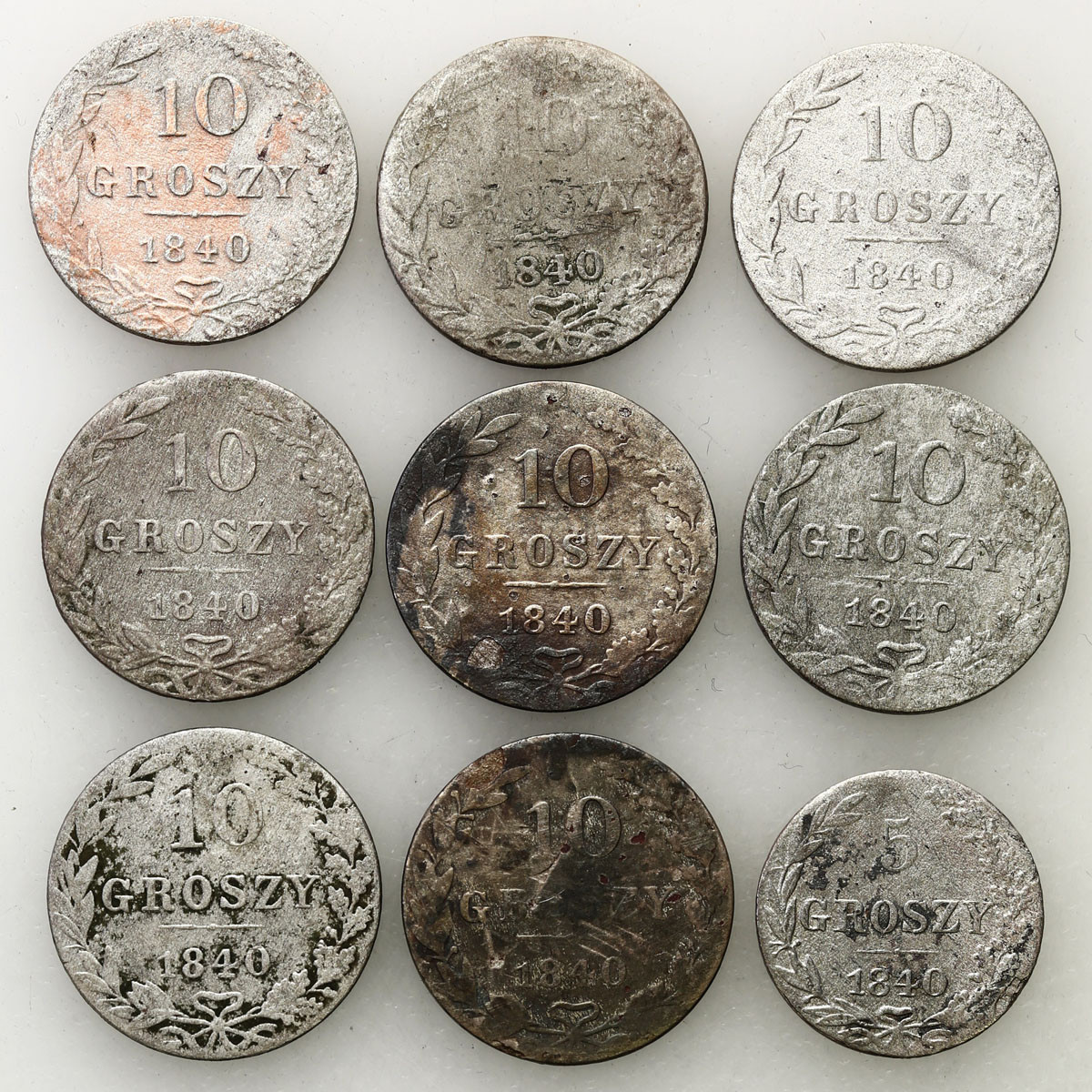 Polska XIX w./Rosja. 5, 10 groszy 1840 Warszawa, zestaw 9 sztuk